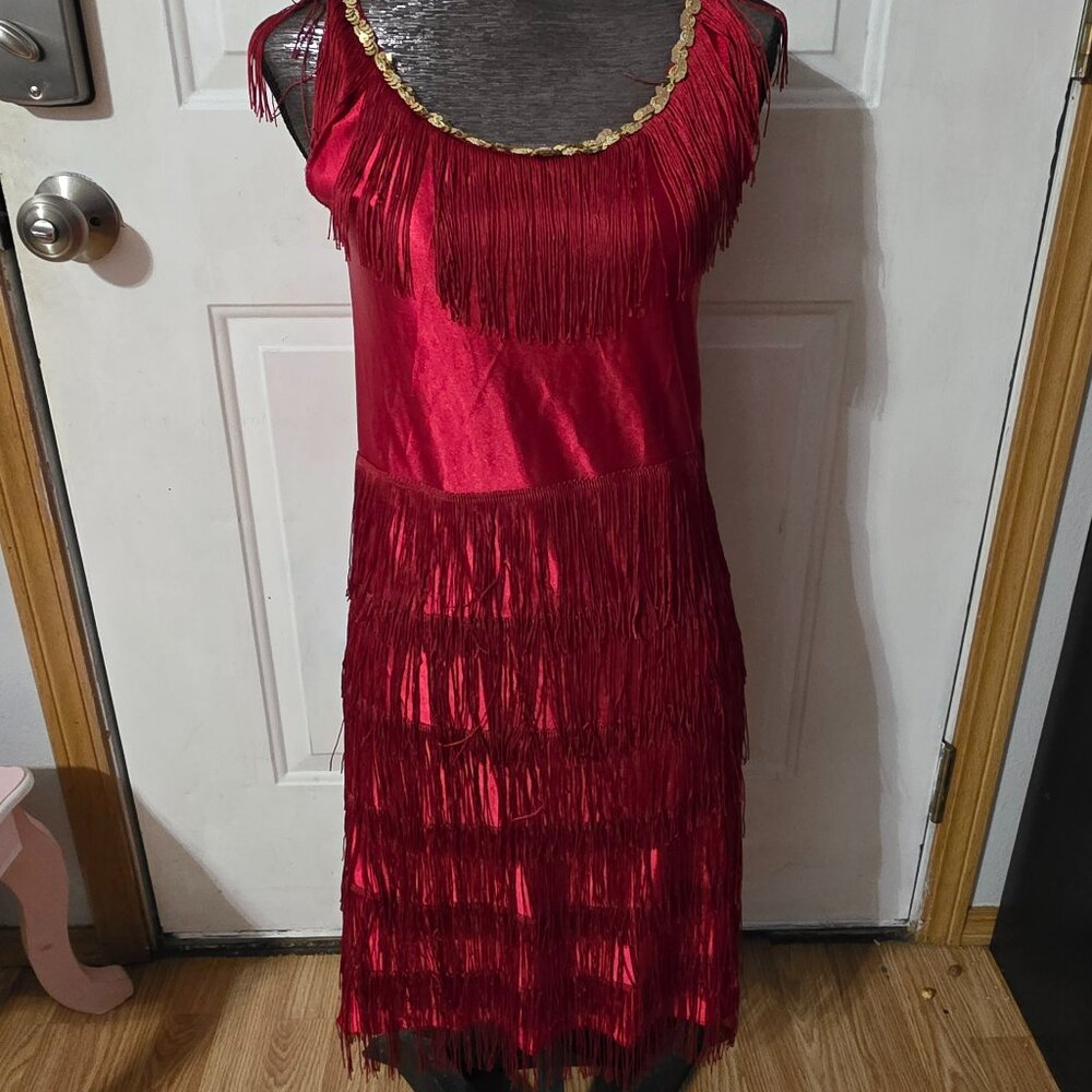 Red Flapper Style Costume With Gold Sequin Neckline